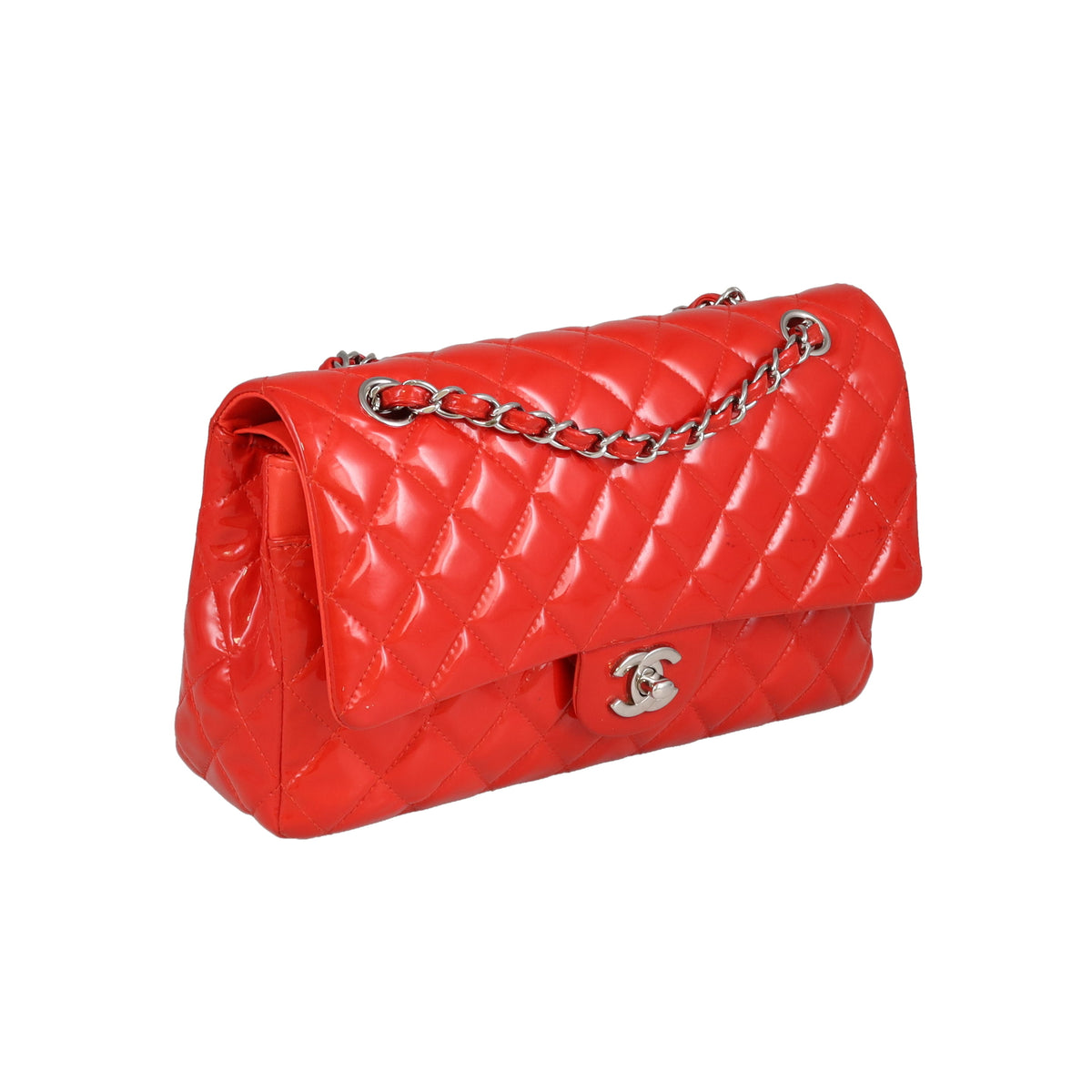 Chanel Classic Double Flap Bag Red Patent Silver HW 2014