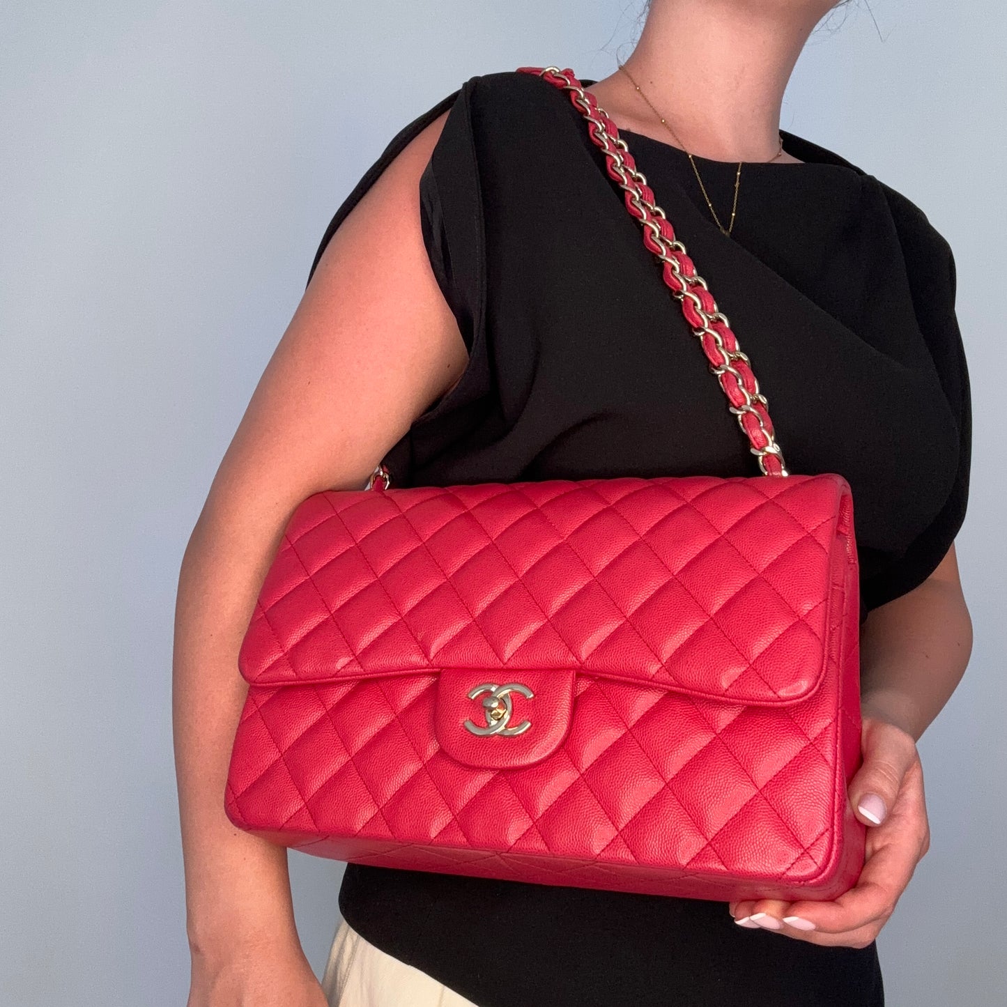 Chanel Classic Jumbo Double Flap Raspberry Caviar GHW 2019