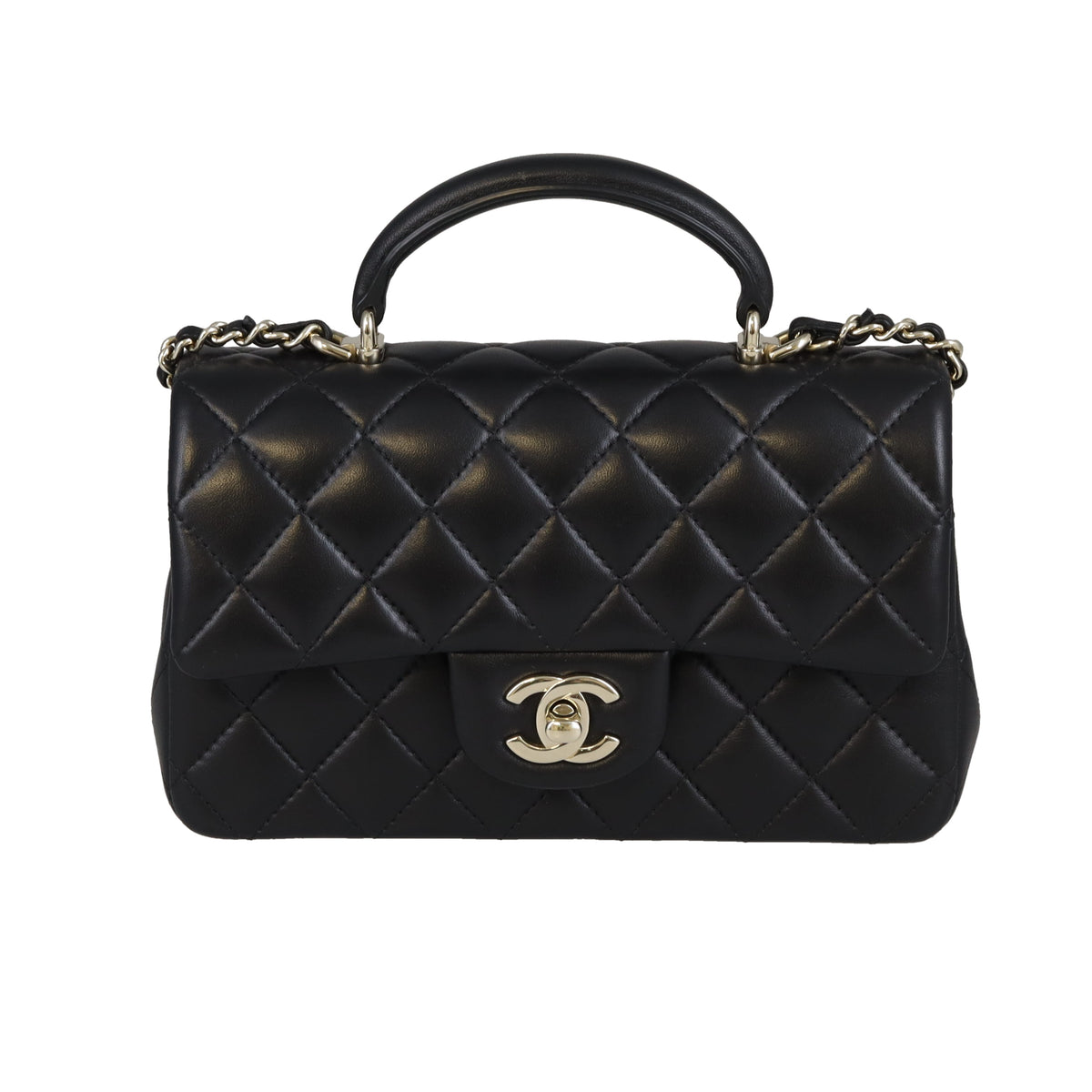 Chanel Mini Rectangle Top Handle Bag Black Lambskin GHW (NFID)