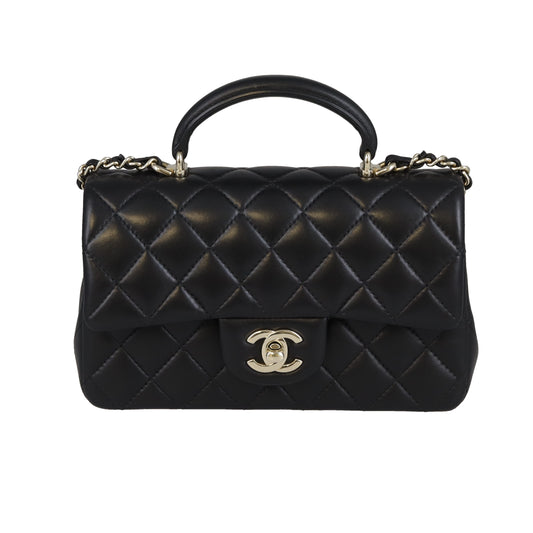 Chanel Mini Rectangle Top Handle Bag Black Lambskin GHW (NFID)