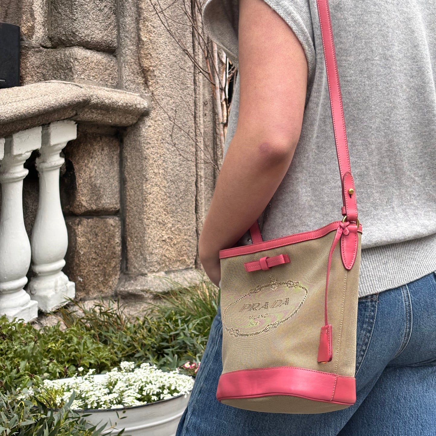 Prada Bucket Bag Logo Canvas and Pink Leather