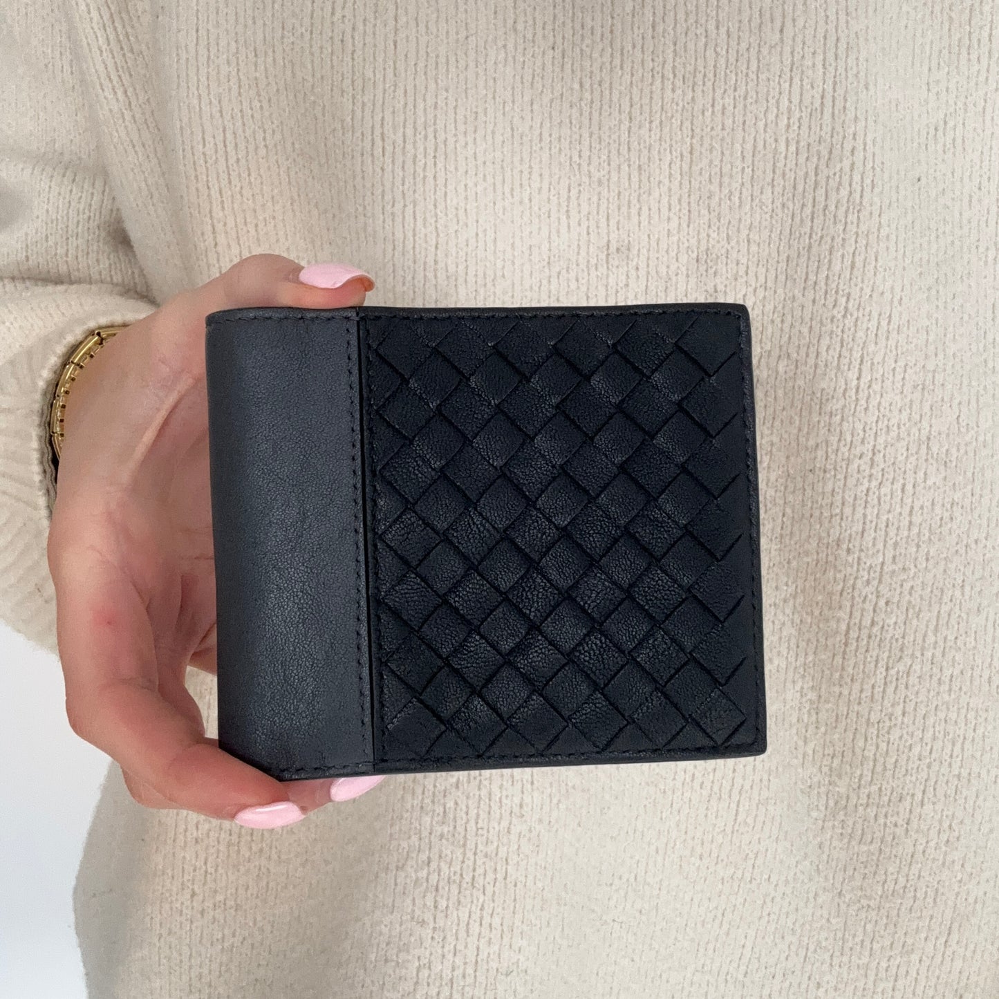 Bottega Veneta Bifold Mens Wallet In Intrecciato Black & Grey Leather