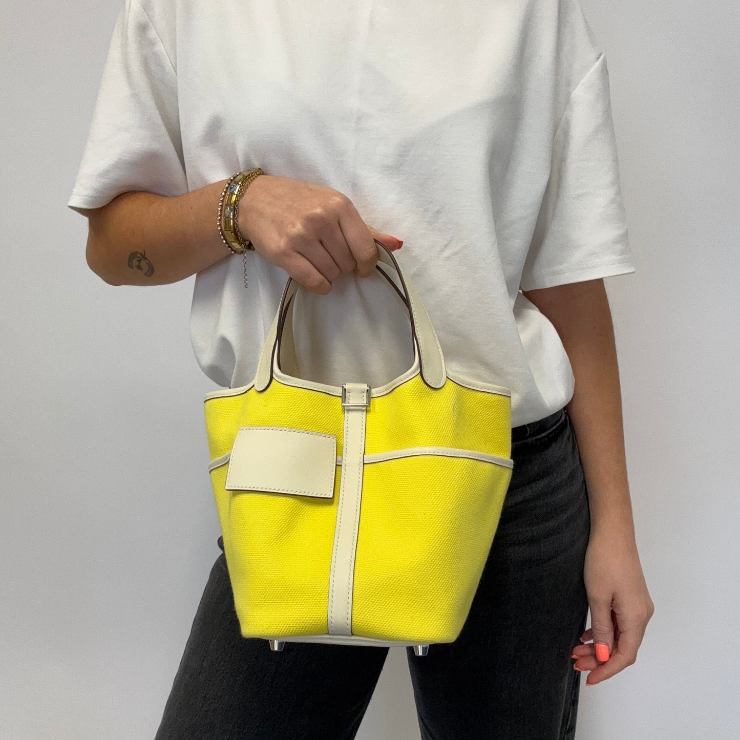 Hermes Picotin Cargo Lock 18 In Jaune Citron & Nata Swift & Toile Canvas