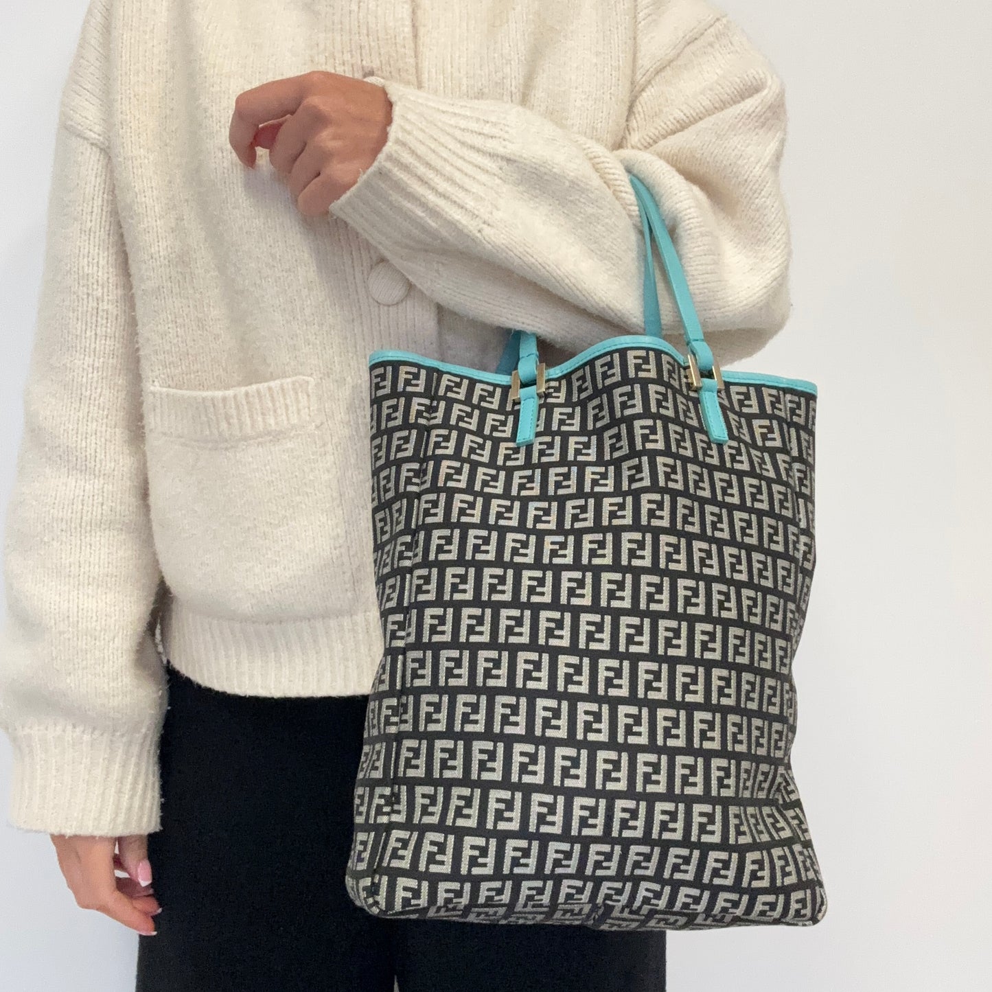 Fendi Black Zucchino Canvas Blue Leather Trim Tote