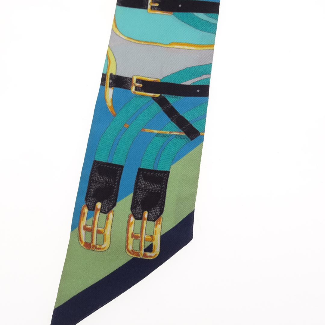 Hermes Silk Twilly Buckles & Straps Green & Blue