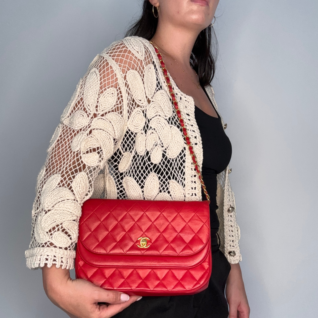 Chanel Double Half Moon Flap Shoulder Bag Red GHW