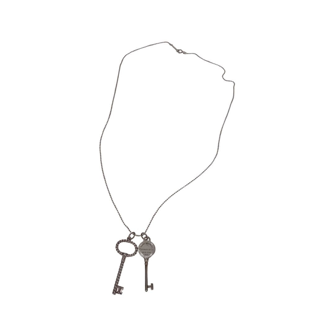 Tiffany & Co RTT Double Key Pendant on Beaded Chain Sterling Silver
