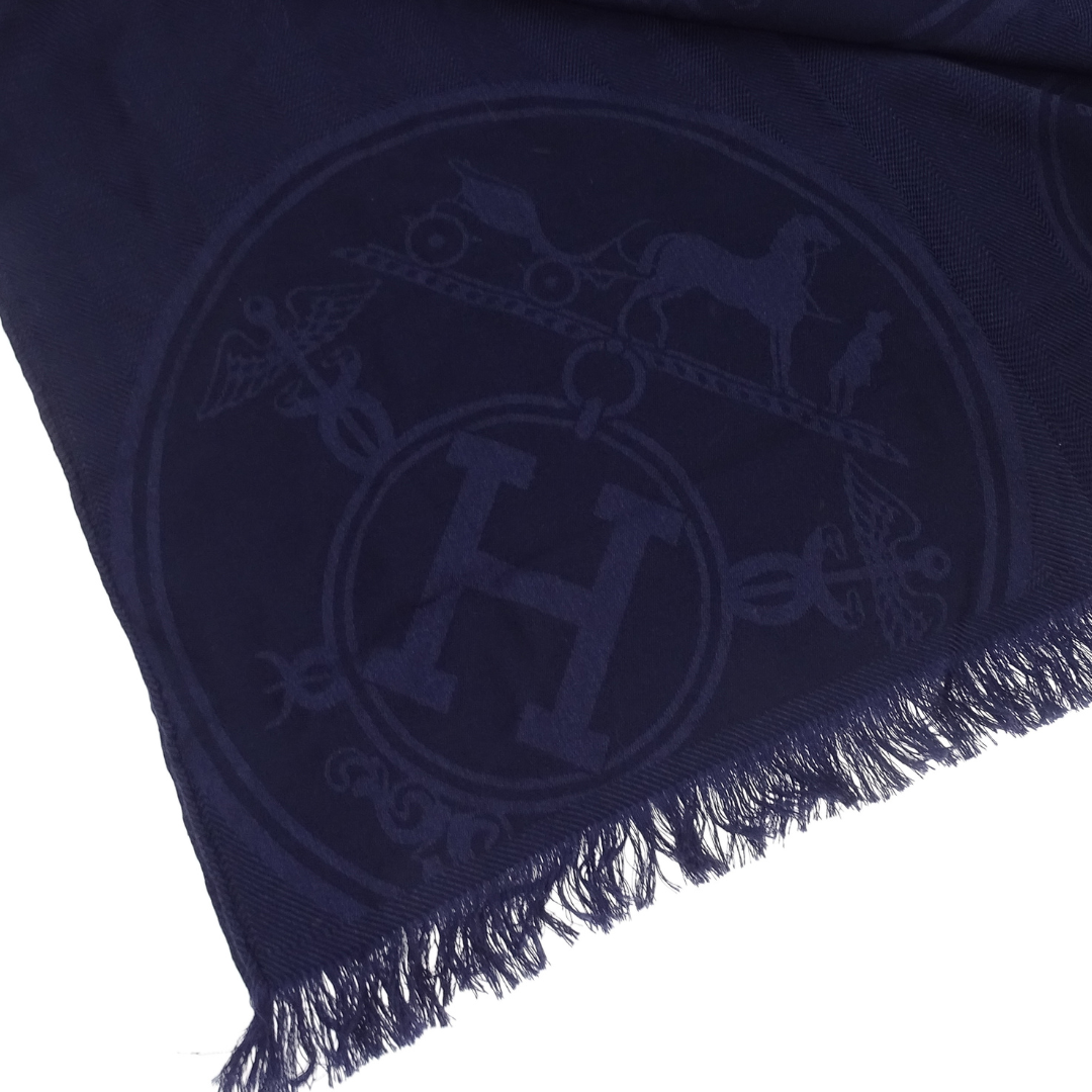 Hermes Cashmere & Silk Large Heritage Logo Navy Shawl