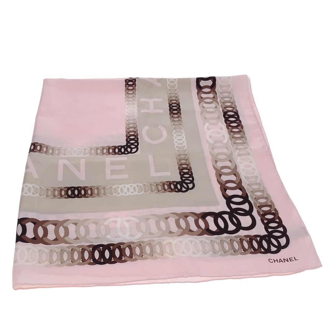 Chanel CC Chain Detail Silk Scarf With Pink Border 90cm