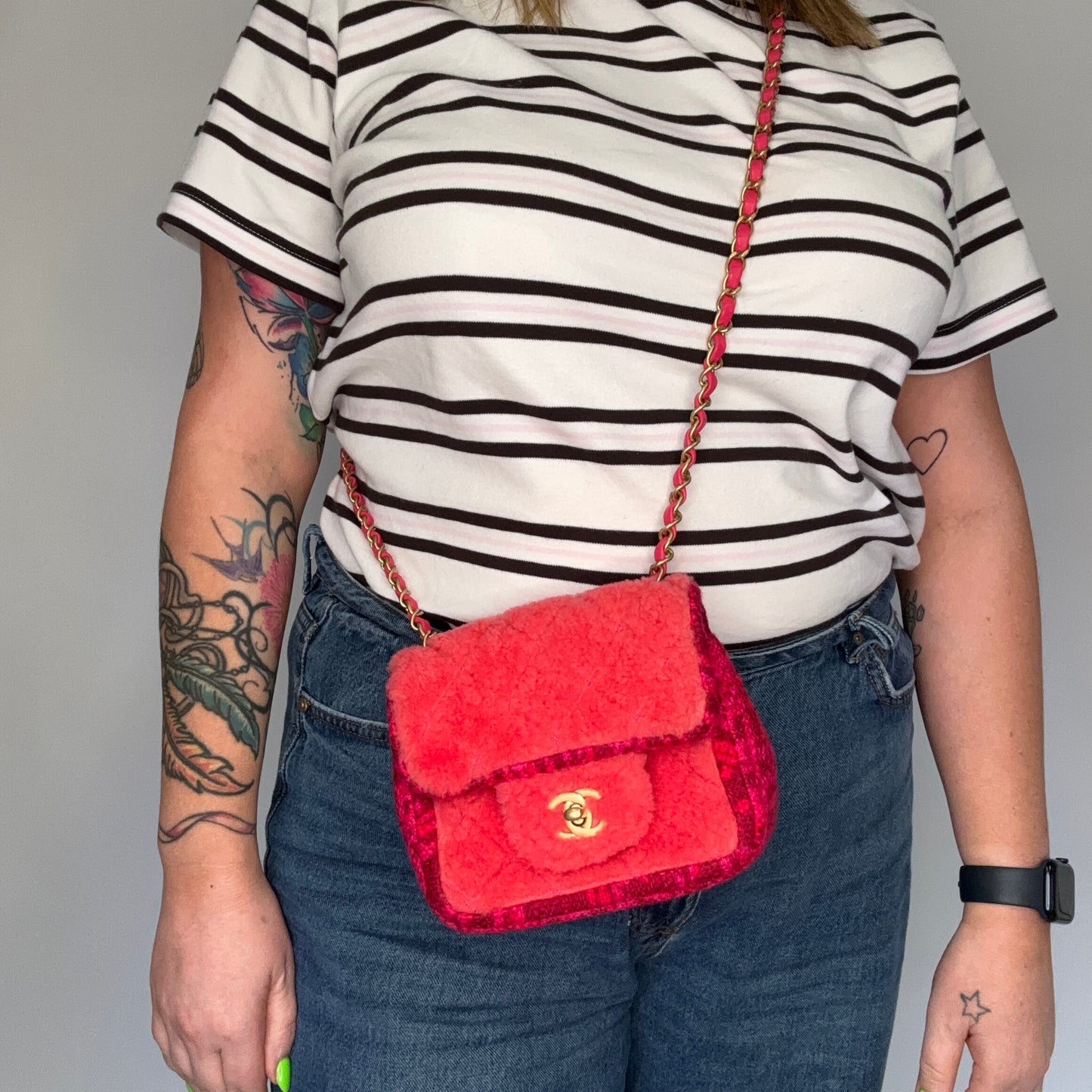 Chanel Classic Mini Square Pink Shearling and Tweed 2020