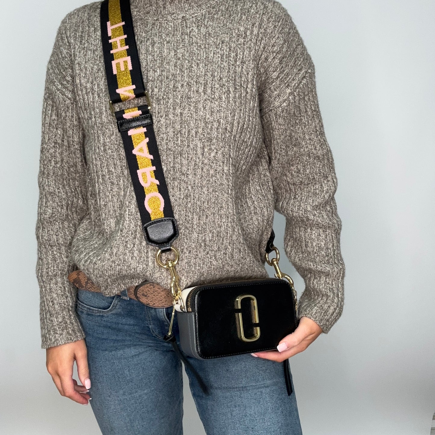 Marc Jacobs The Snapshot Grey & Black With Sparkle Logo Strap