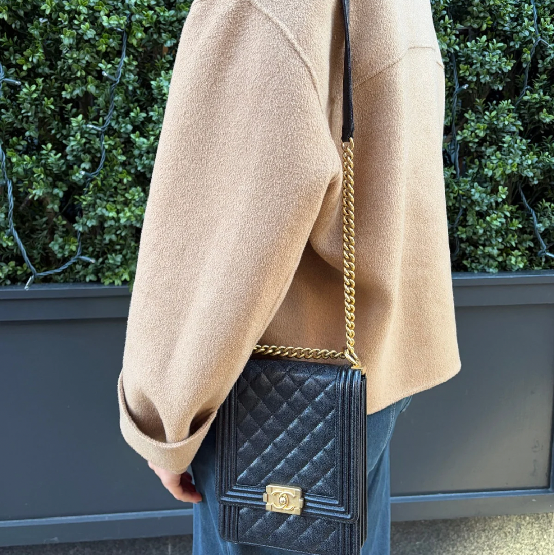 Chanel Boy Bag North South Caviar Leather Black 2019