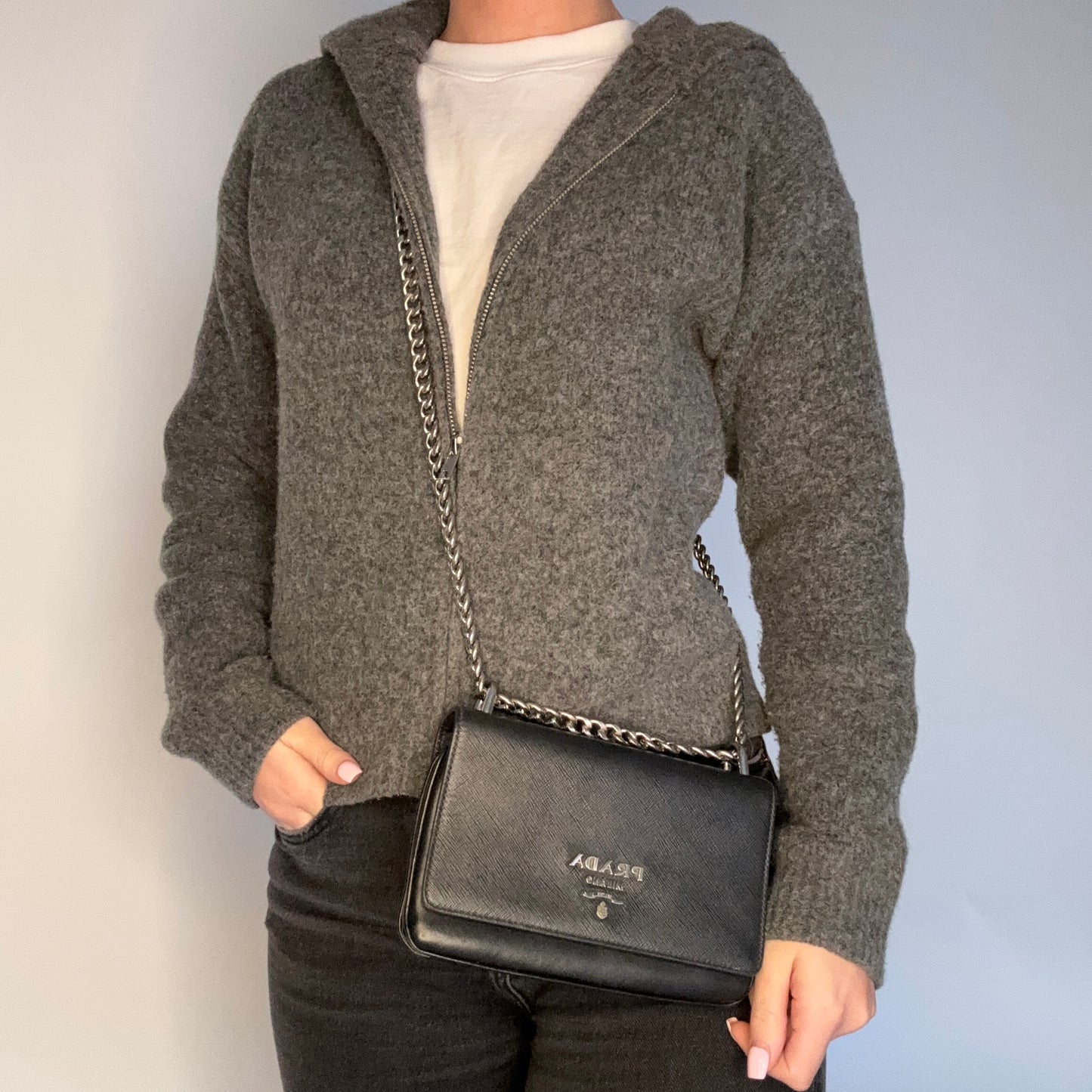 Prada Saffiano & Calf Leather Small Chain Crossbody Black