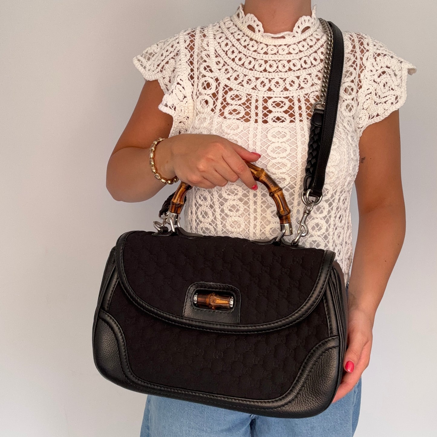 Gucci Bamboo Top handle Large Black Leather and Neoprene