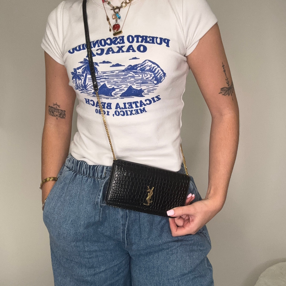 Saint Laurent Cassandre Strap Croc Embossed Phone Case
