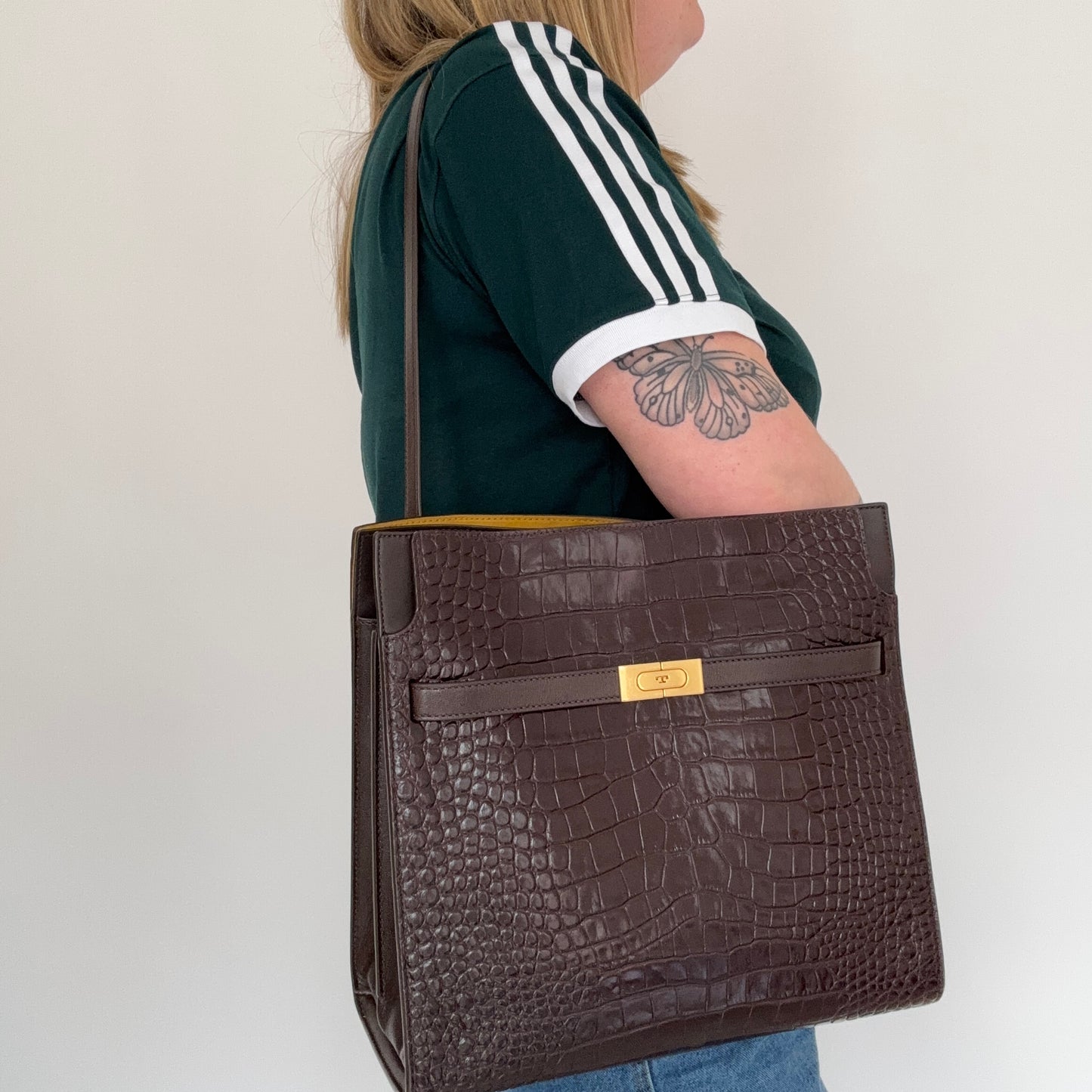 Tory Burch Lee Radziwill Croc Embossed Double Bag Brown Medium