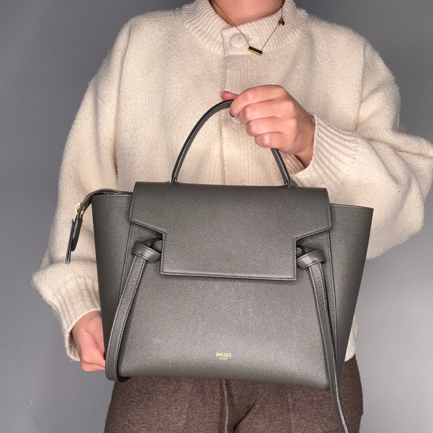 Celine Belt Bag Micro Grey Grained Calfskin 2022 (Includes added Celine Logo Strap)