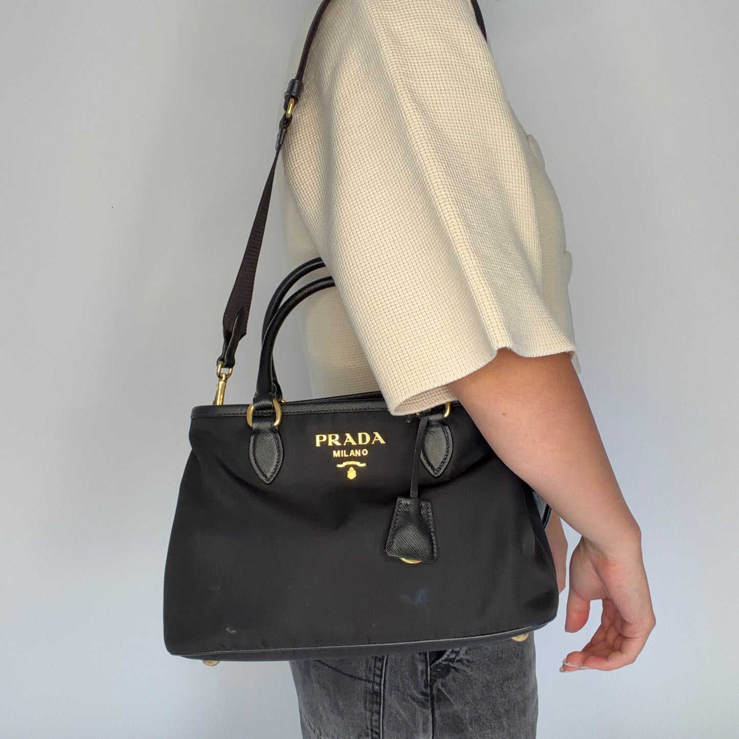 Prada 2-Way Handbag Black Nylon and Saffiano