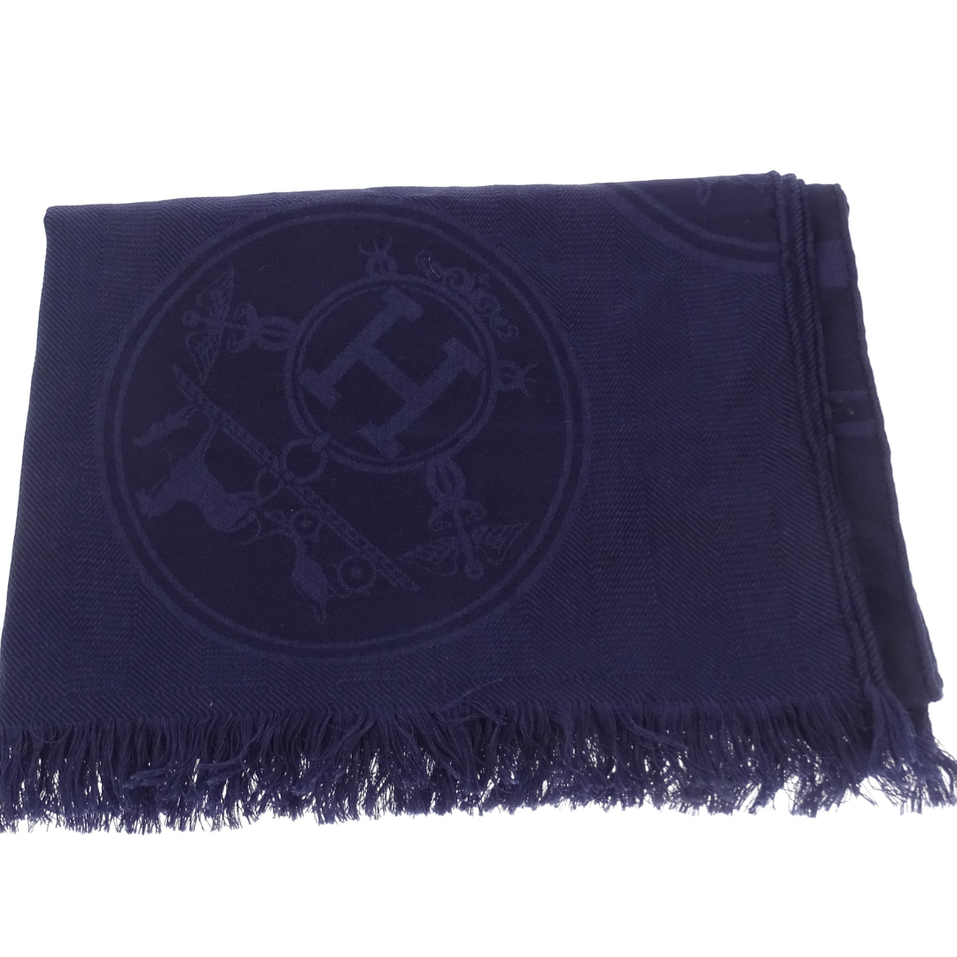Hermes Cashmere & Silk Large Heritage Logo Navy Shawl