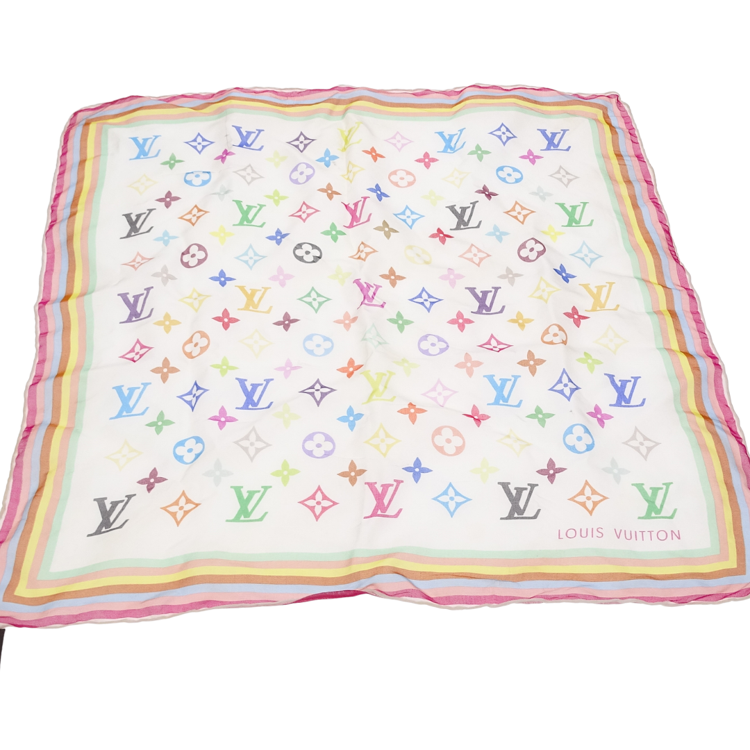 Louis Vuitton Square Scarf White/Multi Monogram 100% Silk 45cm