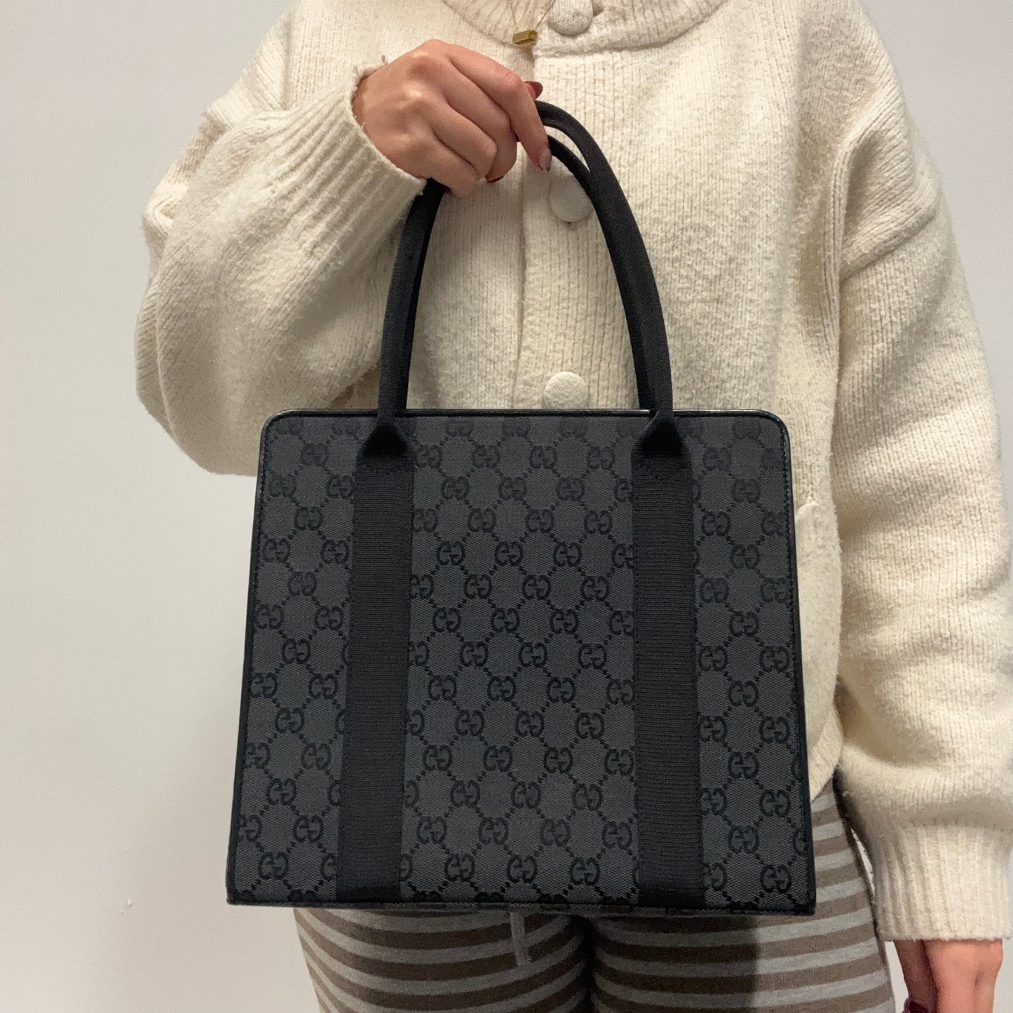 Gucci Tri Pocket Tote Bag Vintage Charcoal GG Canvas