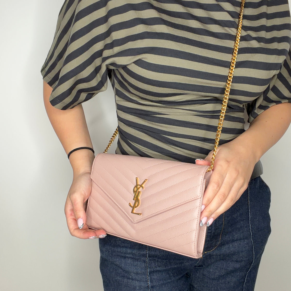 Saint Laurent Monogram Embossed Chain Wallet Soft Pink