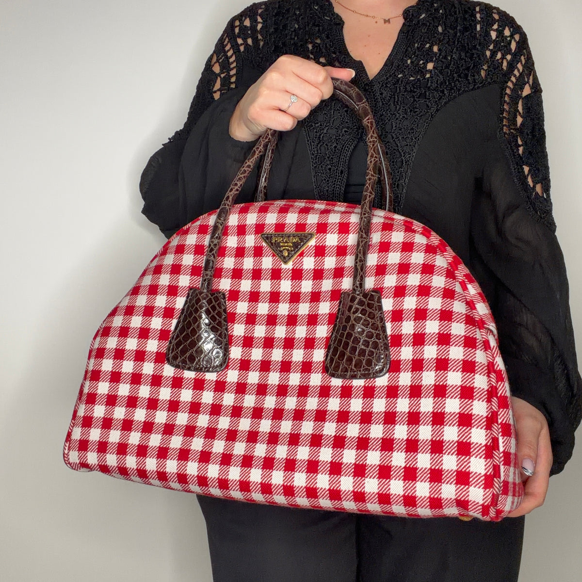 Prada Dome Large Bag Red/White Check with Caymen Trims