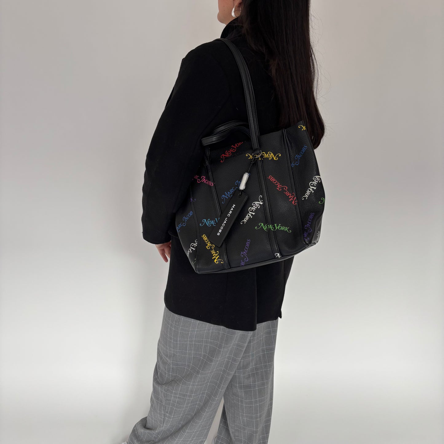 Marc Jacobs Tag Tote Bag 27 Black Leather Multi Logo