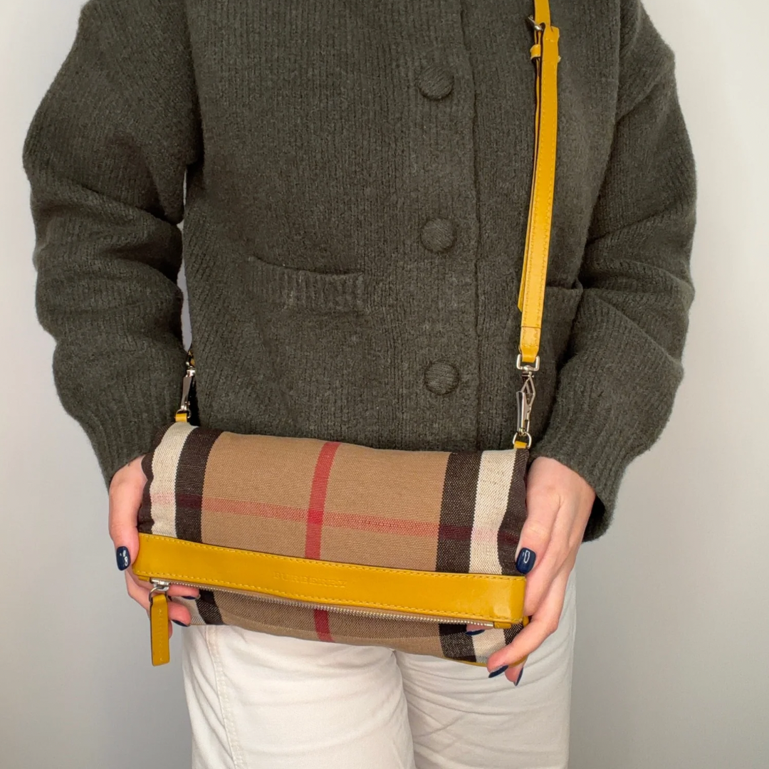 Burberry Folded Clutch With Strap In Mustard & House Check