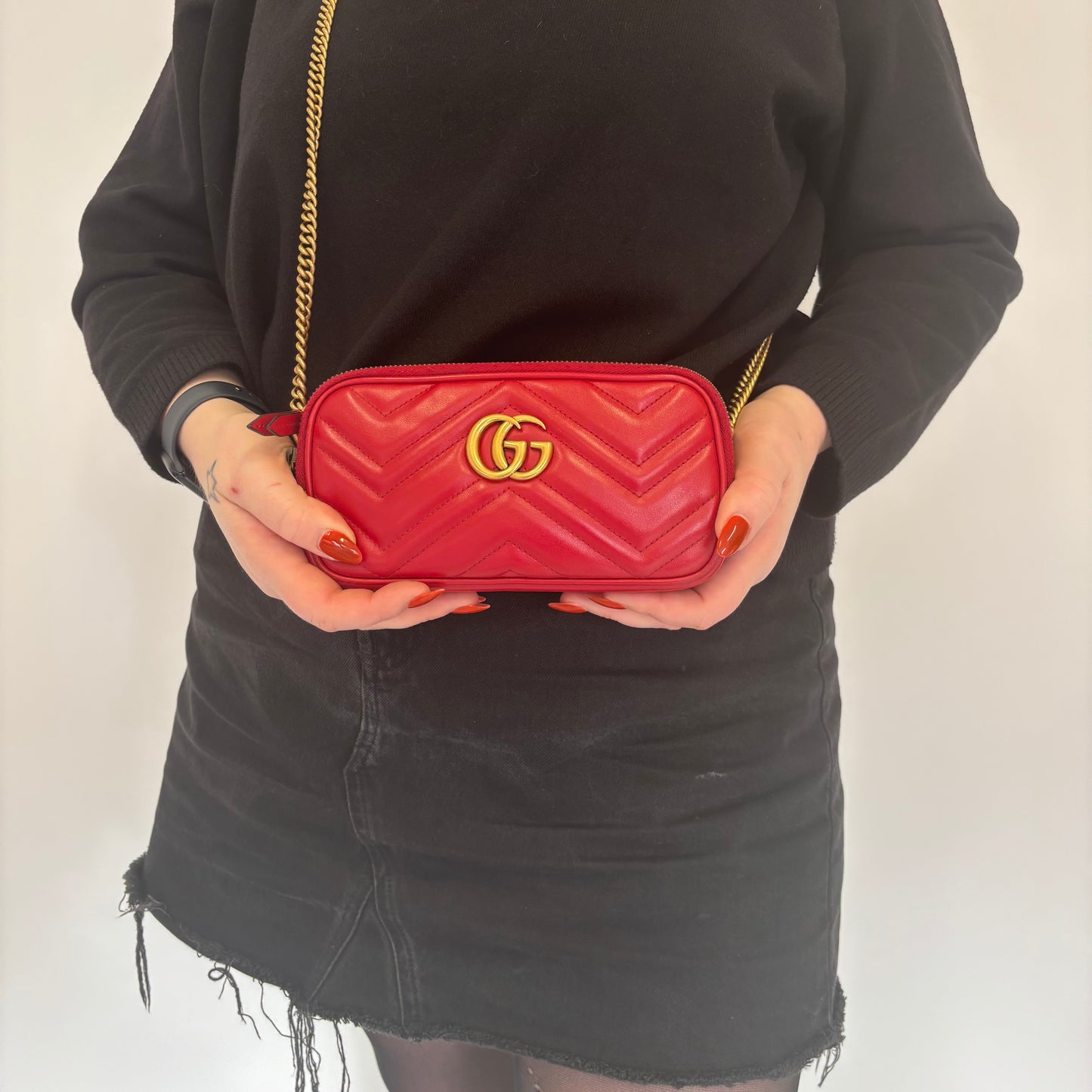 Gucci Marmont Trio Pouch Chain Bag Red