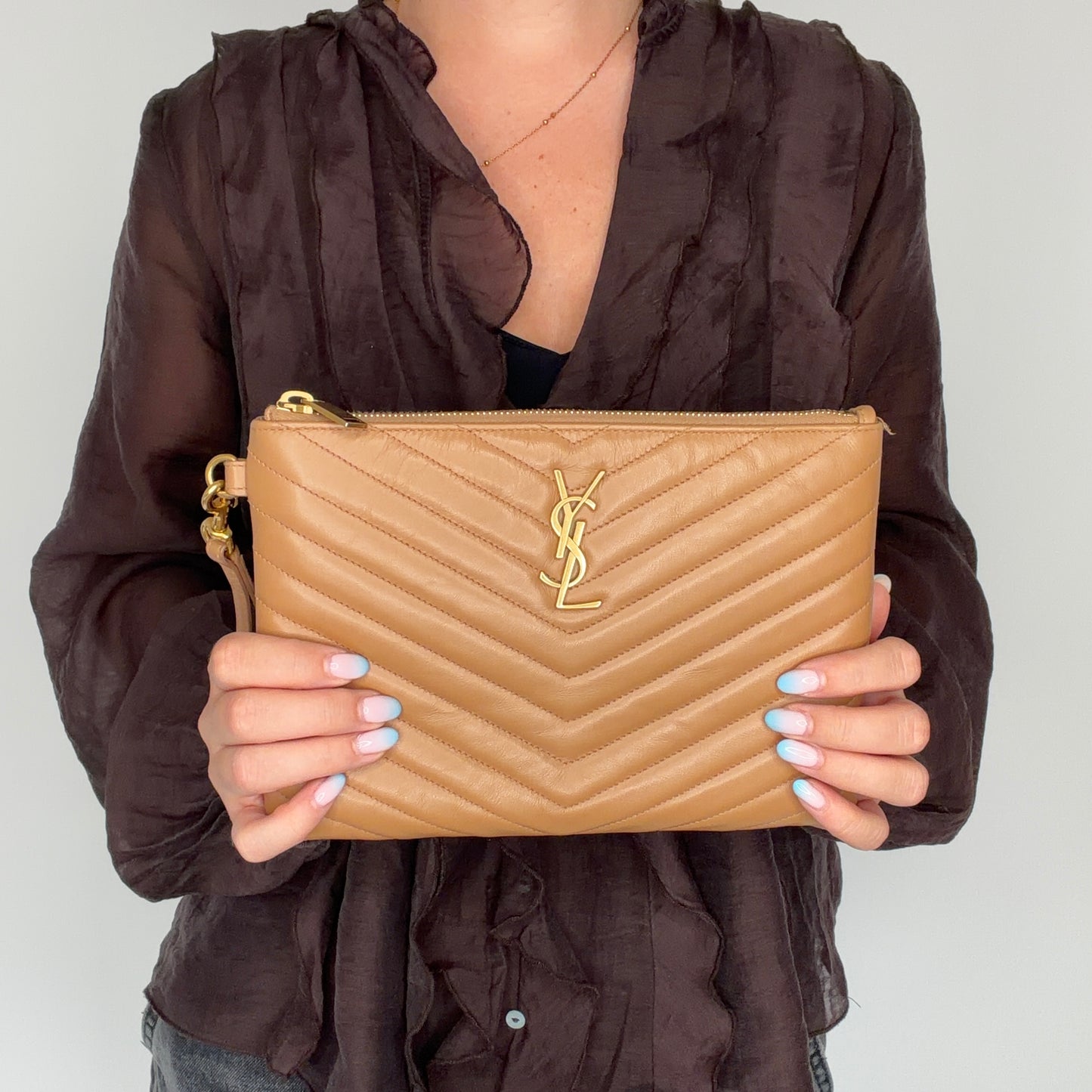 Saint Laurent Cassandre Wristlet Caramel Chevron GHW 2020