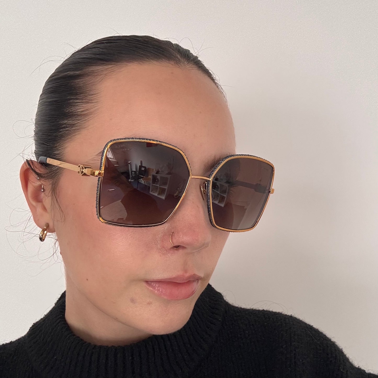Chanel Sunglasses 4288Q Polarized Goldtone, Leather and Denim Detail