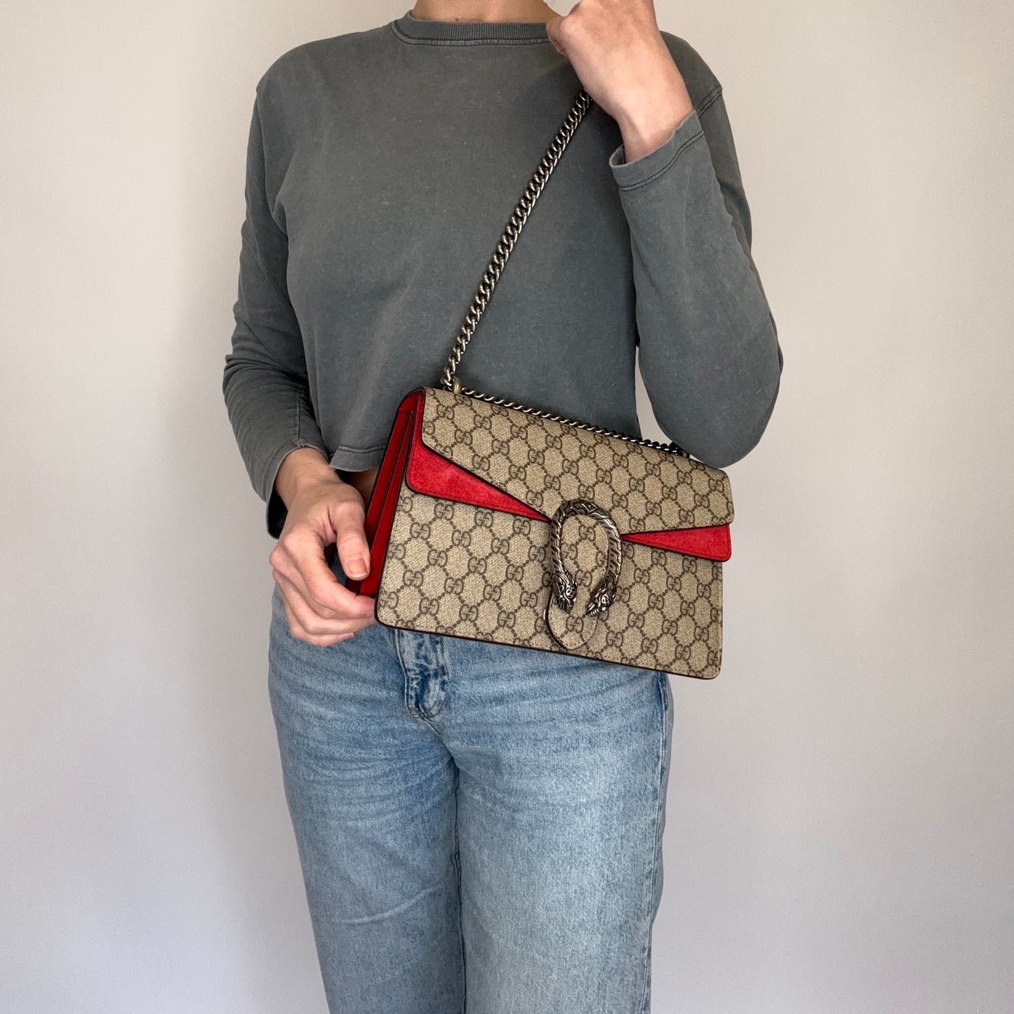 Gucci Dionysus Medium Shoulder Bag – GG Supreme Canvas with Red Suede Panel