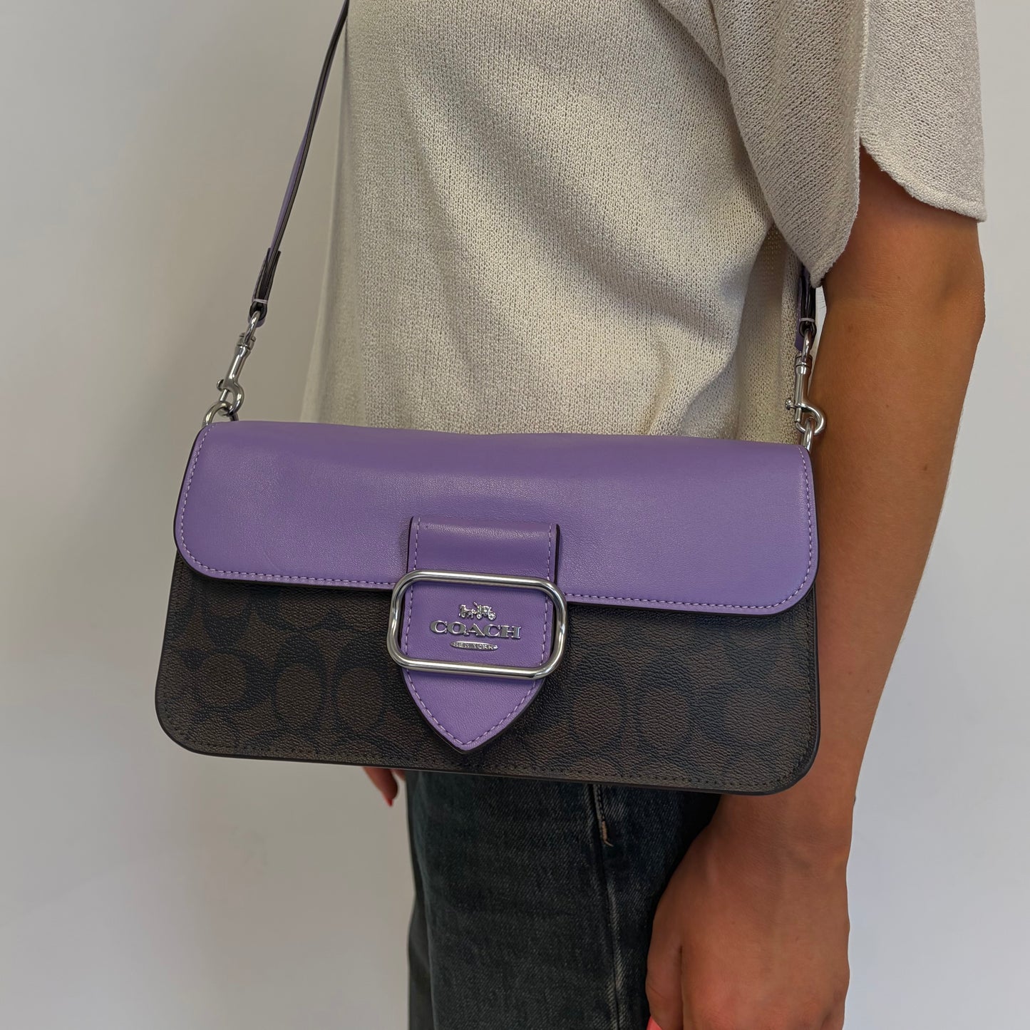 Coach Morgan Shoulder Bag Purple Leather and Signature Canvas