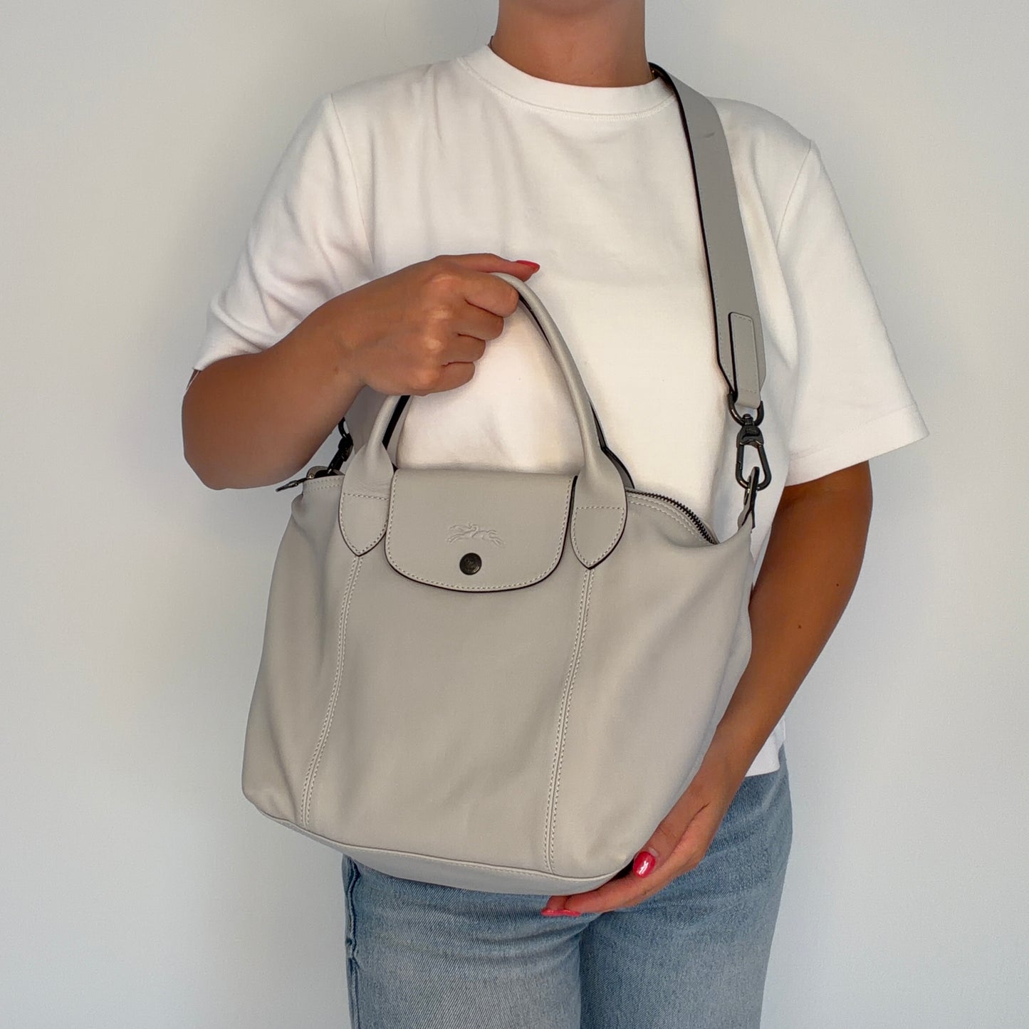 Longchamp Le Pliage Cuir Grey
