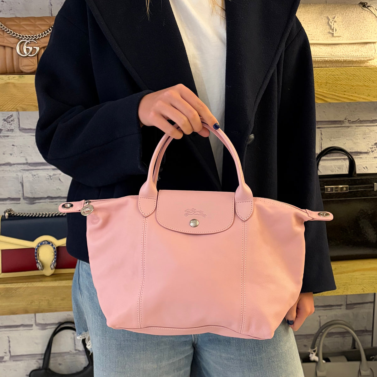 Longchamp Le Pliage Cuir Small Baby Pink SHW