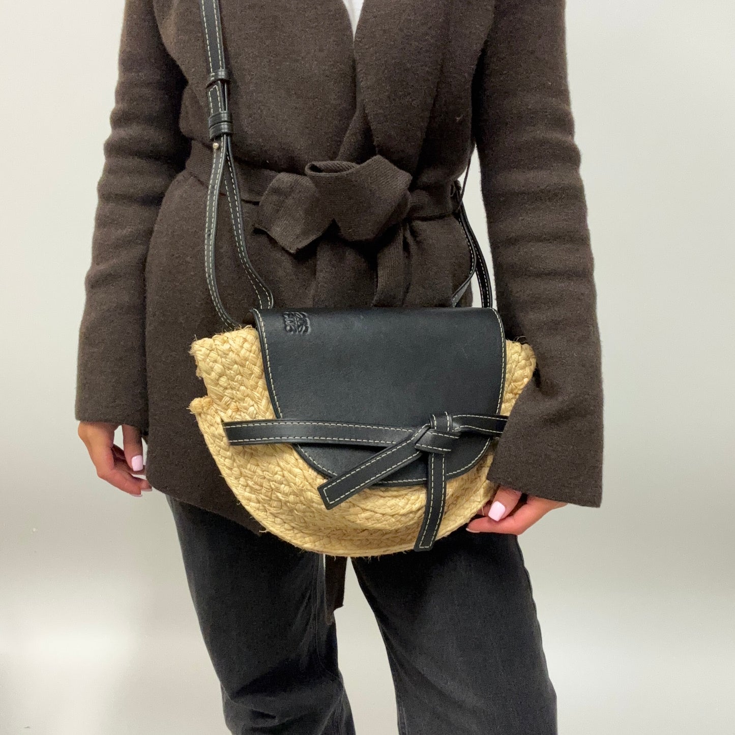Loewe Raffia and Navy Leather Gate Bag