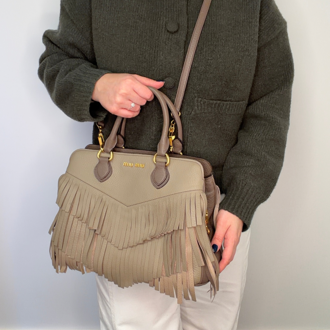 Miu Miu Fringed Tote With Strap Grey