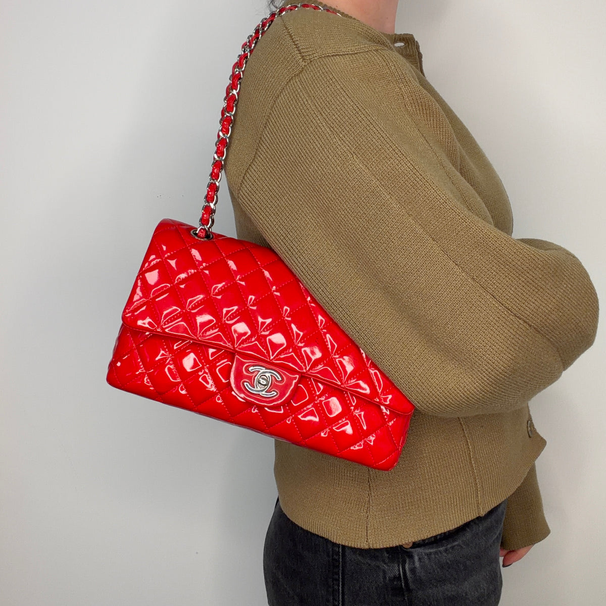 Chanel Classic Double Flap Bag Red Patent Silver HW 2014
