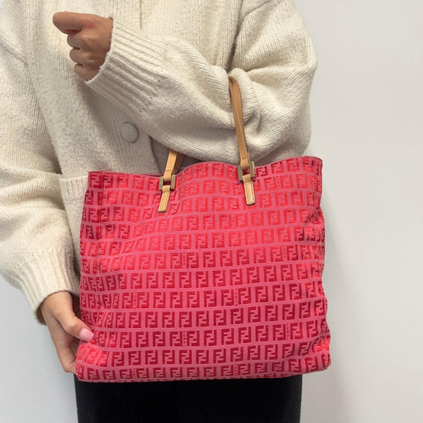 Fendi Pink Zucchino Canvas Cream Leather Trim Tote