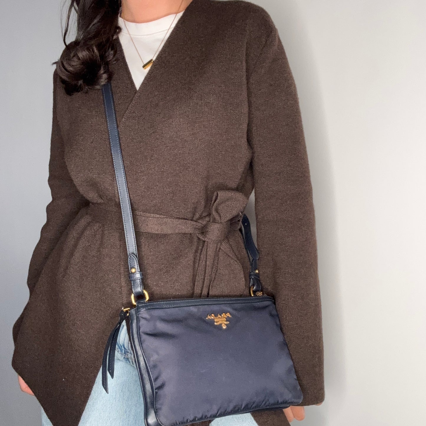 Prada Double Pouch Crossbody Bag Navy Nylon