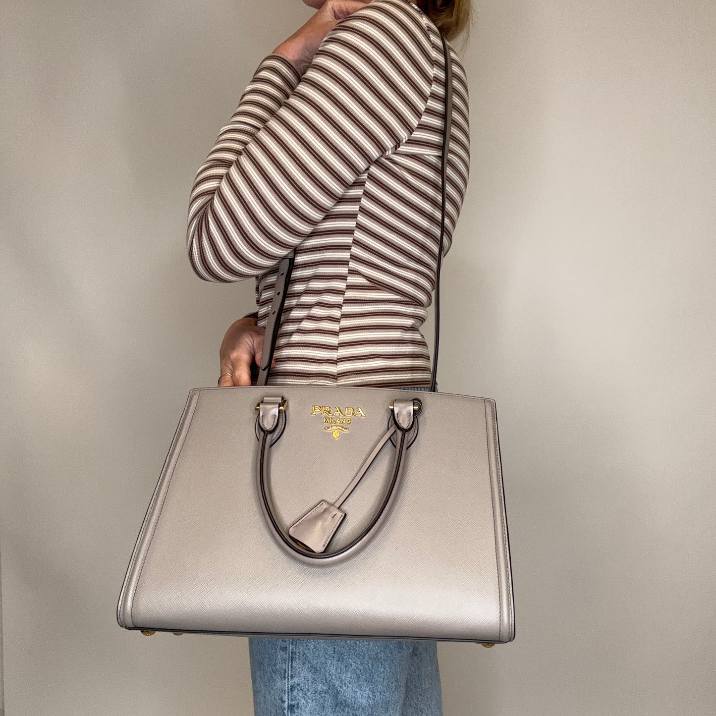 Prada 2-Way Tote Bag Grey Saffiano and Calf