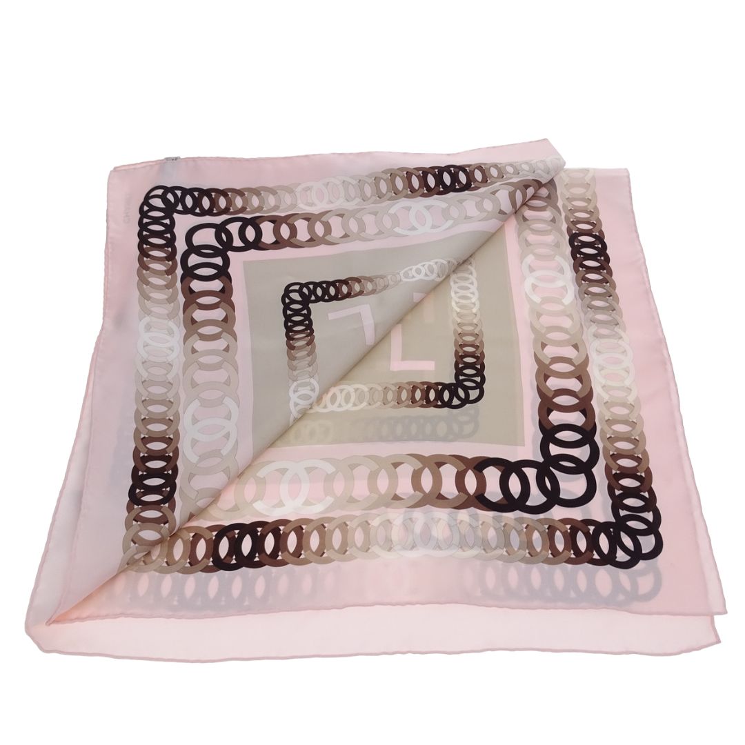 Chanel CC Chain Detail Silk Scarf With Pink Border 90cm