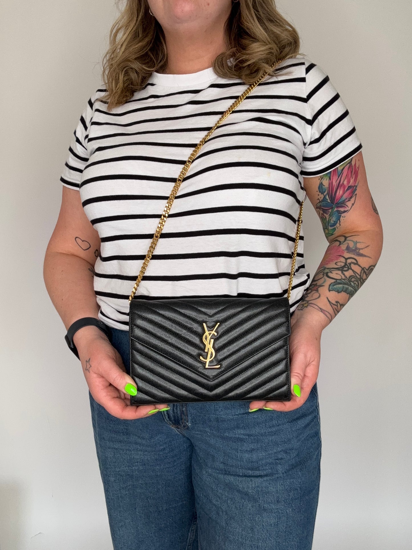 Saint Laurent Cassandre Wallet On Chain Grain De Poudre Black GH