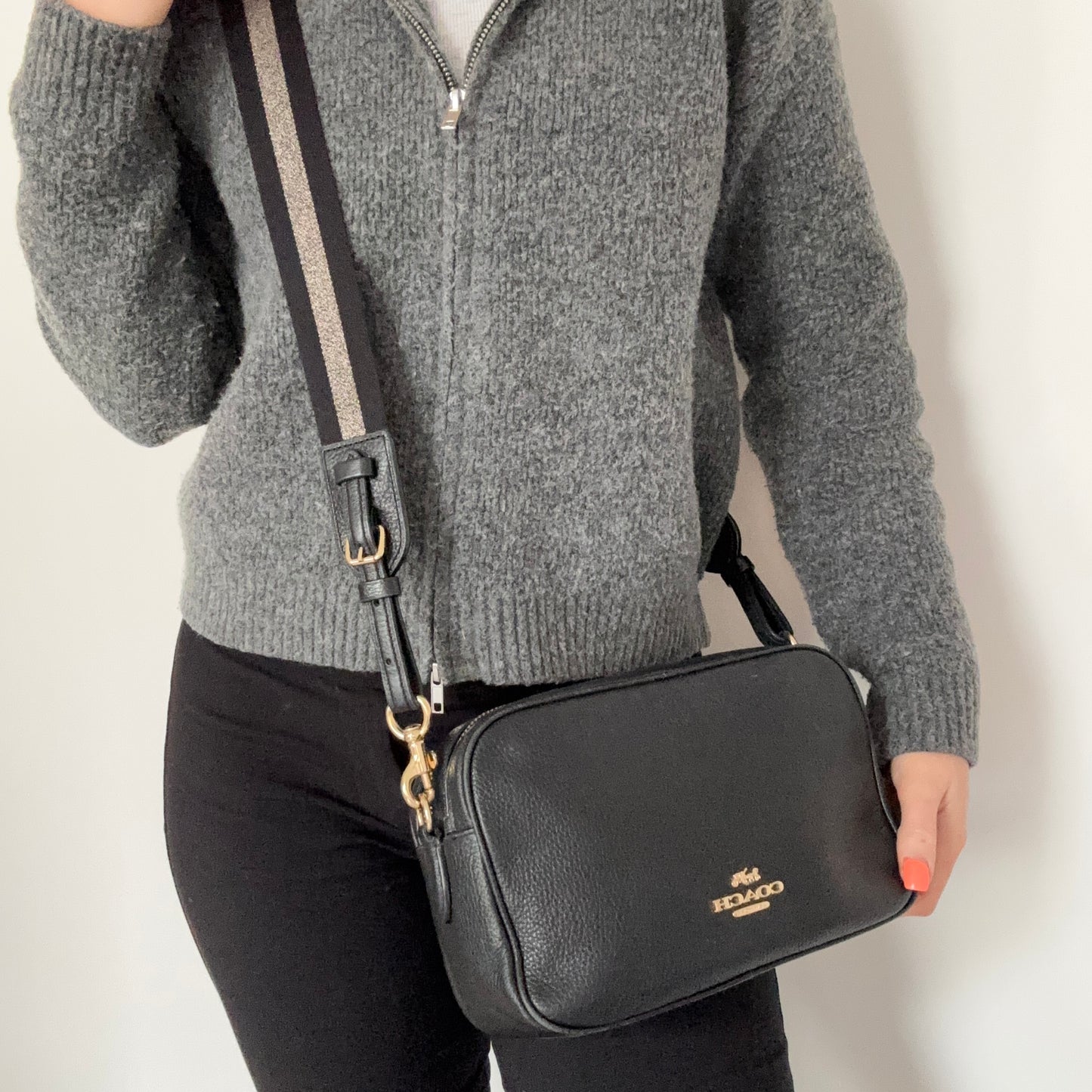 Coach Double Zip Camera Bag Black Leather with Canvas Strap