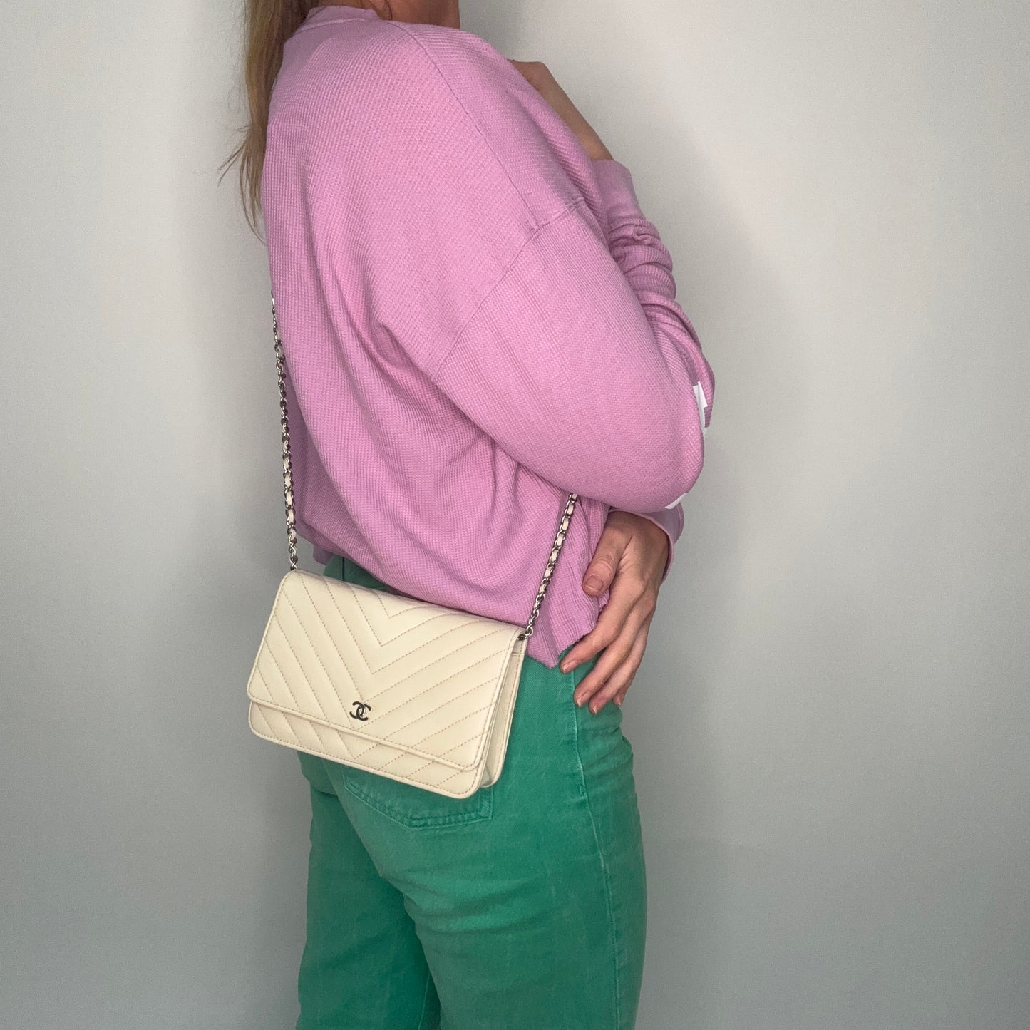 Chanel Wallet On Chain In Ivory Chevron Calfskin