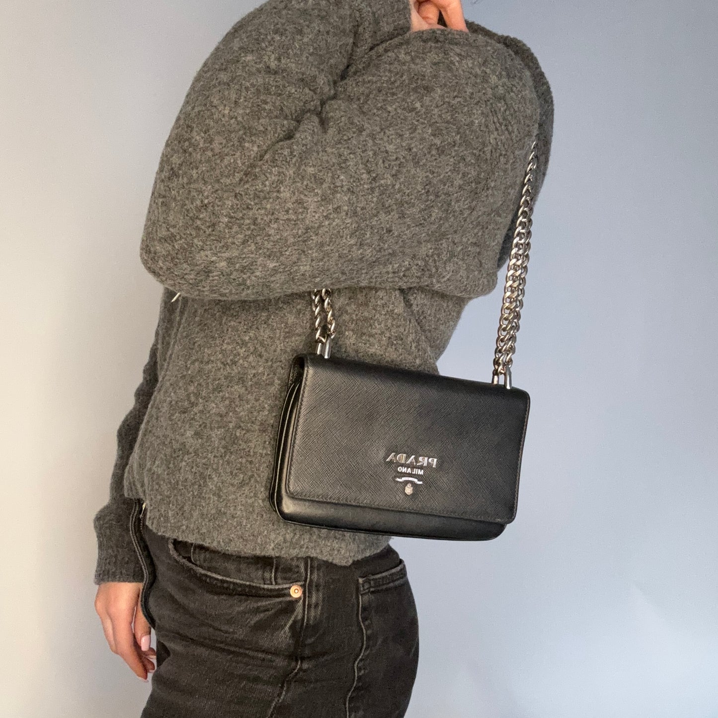 Prada Saffiano & Calf Leather Small Chain Crossbody Black