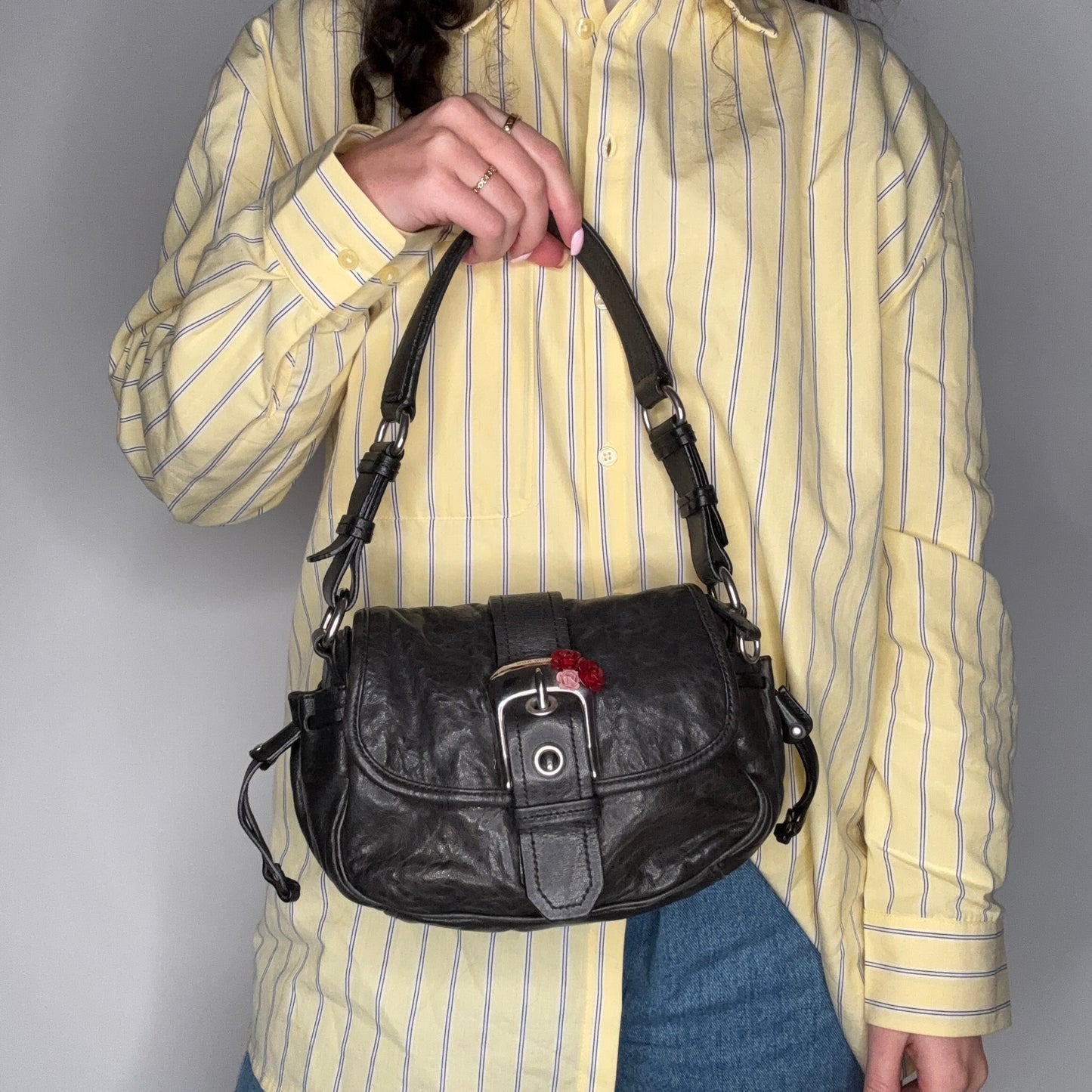 Miu Miu Flap Shoulder Bag Vintage Distressed Black with Rose Detail