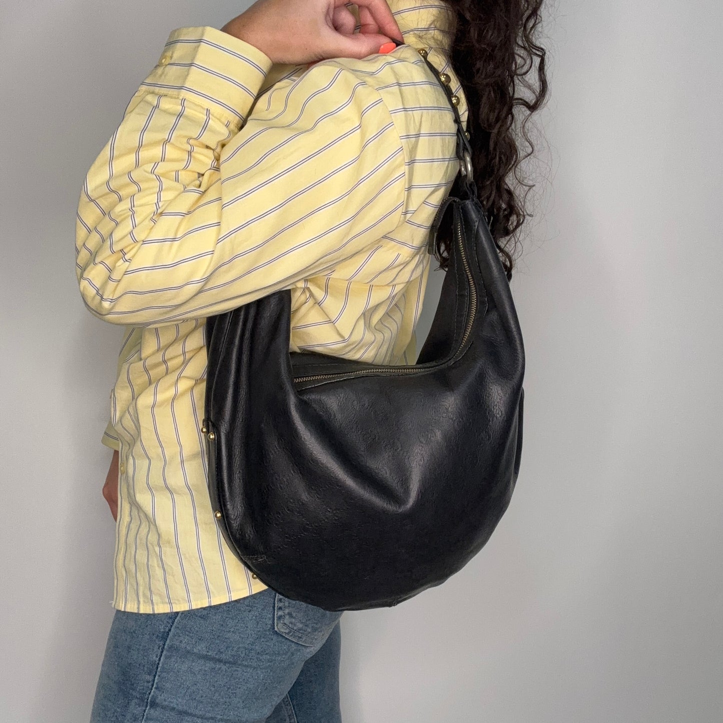 Gucci Guccissima Black Leather Hobo With Studded Shoulder Strap