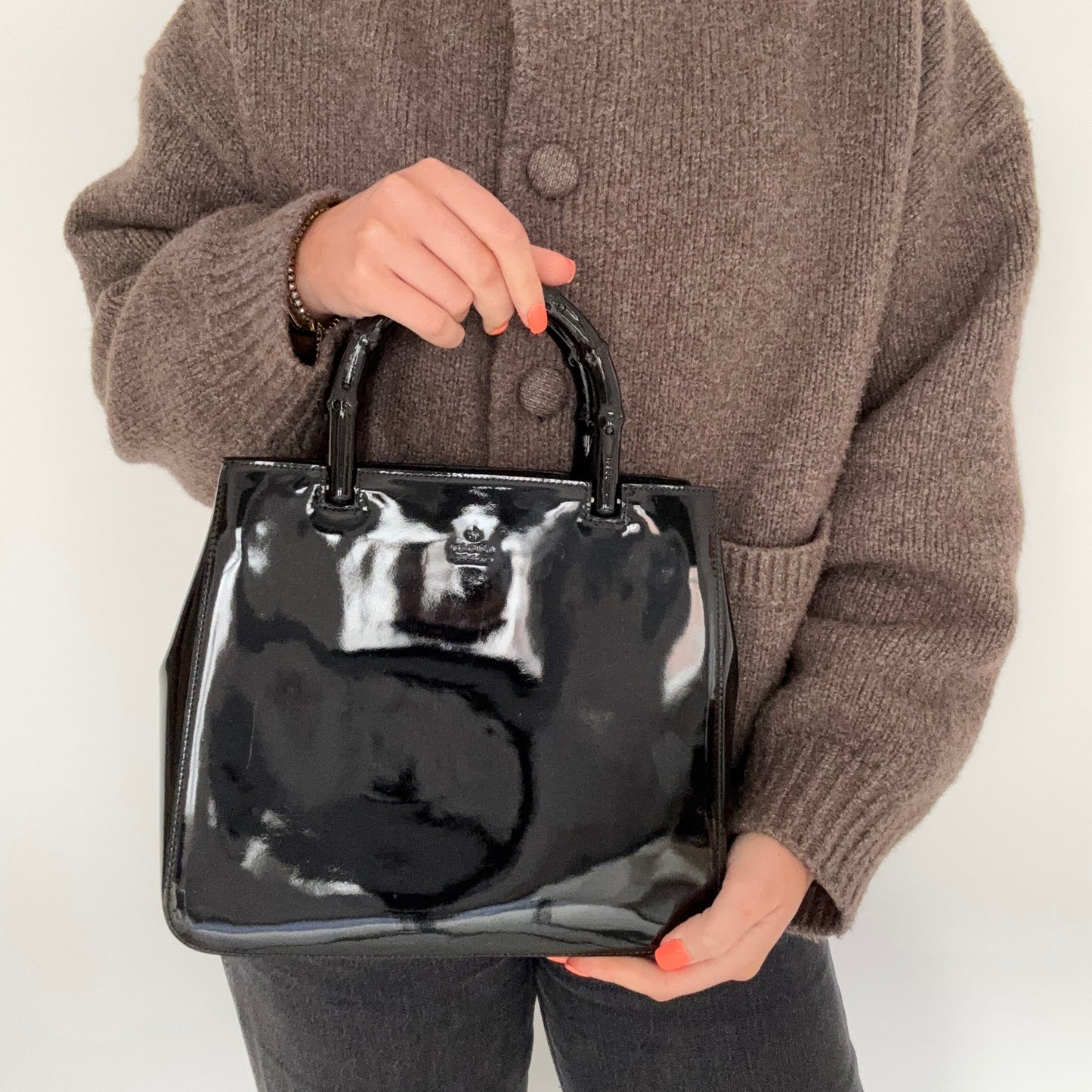 Gucci Bamboo Handle Bag All Black Patent Leather Vintage